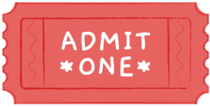 Admit one button shaped like an old style paper ticket